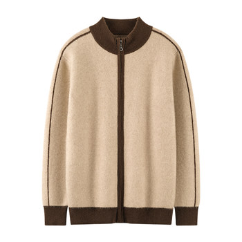 New autumn and winter 100% pure cashmere cardigan jacket men's knitted baseball uniform half turtleneck long-sleeved sweater thickened