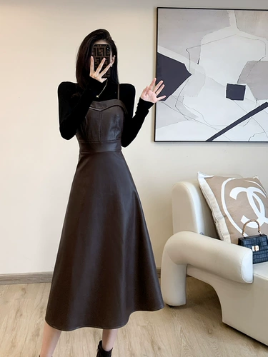 Осеннее ретро платье, приталенная полиуретановая длинная юбка, французский ретро стиль, эффект подтяжки