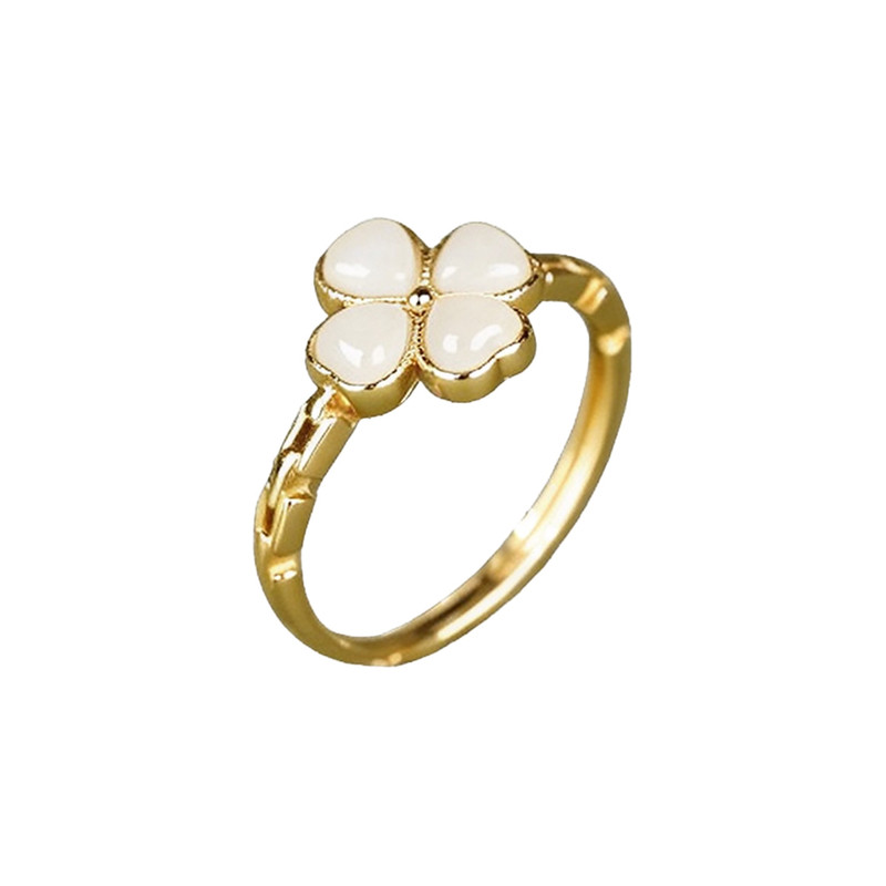 Hetian jade four-leaf clover ring for women, silver inlaid with white jade
