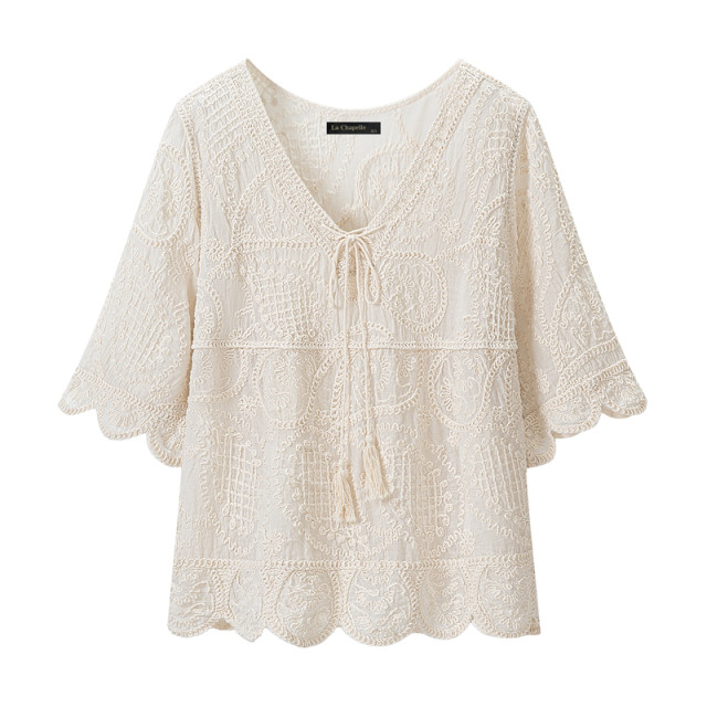 La Chapelle/La Chapelle Bohemian ຄໍ V-neck Lace Top ແມ່ຍິງ Summer ໃຫມ່ Slim Top
