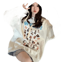 Autumn and winter American retro cartoon cute cat print plus velvet loose pullover round neck sweatshirt with atmospheric feel