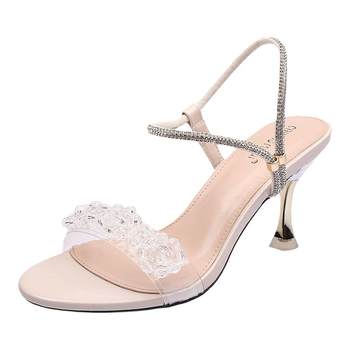 ລະດູຮ້ອນໃຫມ່ 2023 ຮູບແບບເທວະດາແບບໄປເຊຍກັນຫນຶ່ງຄໍາທີ່ມີສາຍເພັດ sandals stiletto heel ໃສ່ນອກ sandals ແລະ slippers ຂອງແມ່ຍິງເກີບສອງສວມໃສ່ກາງ heel