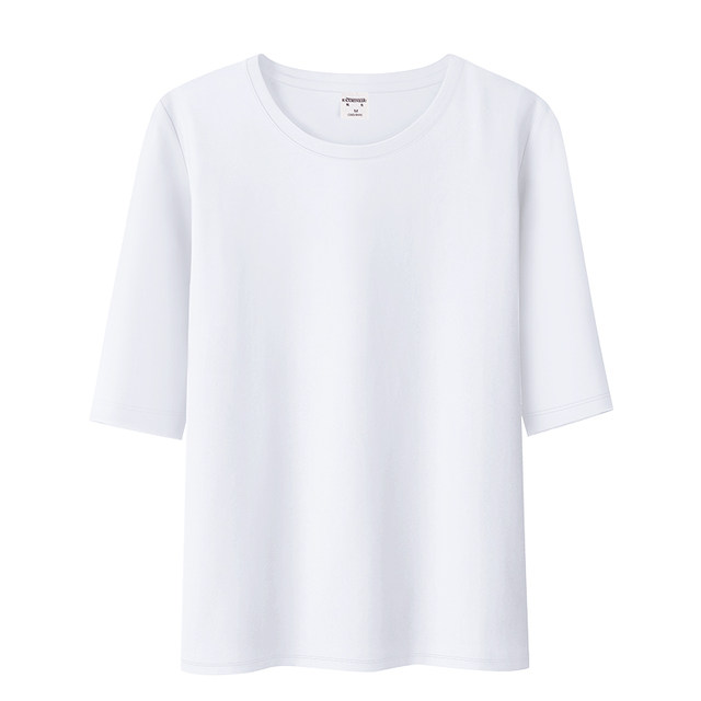 White slim fit ribbed cotton round neck mid-sleeve t-shirt for women summer