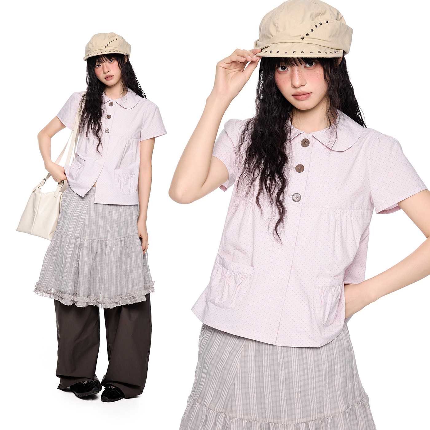 EZEK Peter Pan Collar Polka Dot Pocket Ruffled Short Sleeve T-Shirt Women's Summer New Retro Casual Slimming Peter Pan Shirt