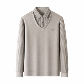 恒源祥冬季新款男士桑蚕丝棉羊毛加绒加厚polo衫假两件长袖t恤男