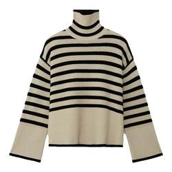 Spot on the way Toteme autumn contrast striped loose wool turtleneck slit long-sleeved pullover sweater 21 ຮູບແບບໃຫມ່