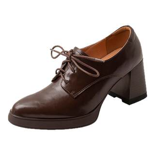 2026 Spring and Autumn New Style Small Size Thick Sole Chunky Heel Pointed Toe Single Shoes for Women Deep Mouth Lace-Up Brown Retro British Style Shoes