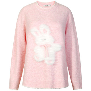 GUUKAHERO粉色甜美花边圆领落肩毛衣女冬 慵懒兔子糯叽叽针织上衣