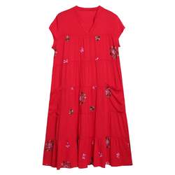 ສິ້ນຝ້າຍຂອງແມ່ອາຍຸກາງປີ embroidered dress women's summer summer sleeved mid-length loose large size slimming skirt