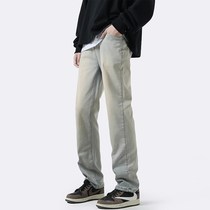 High-end American vibe style pants for men in autumn and winter trendy black straight-leg jeans with slim fit and velvet