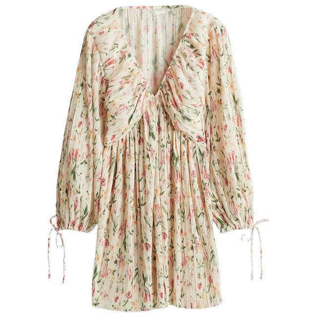 HM Women's Floral Dress 2025 Autumn New V-neck Waist French Long Sleeve Plant Print Long Dress 1265348