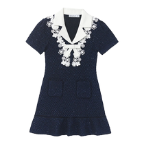 self-portrait 2024 early spring childrens wear navy blue lace bow short-sleeved knitted dress