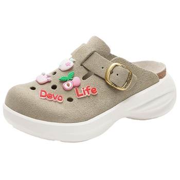 Devo Life Cork Slippers ແມ່ຍິງທີ່ມີຄວາມຫນາແຫນ້ນຫນາ soled ສູງ soled Wedge ເຄິ່ງກະເປົ໋າ Baotou Croc ເກີບ 22012