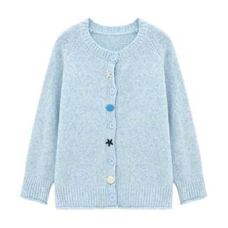 Basic House/百家好韩系排扣毛衣外套女绵羊毛纯色圆领插肩袖开衫