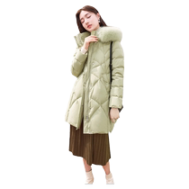 Xiangying large fur collar green down jacket womens mid-length 2023 winter new loose slimming white duck down jacket