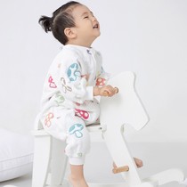 High-end Yazan long-sleeved split-leg sleeping bag with zipper pure cotton gauze childrens anti-kick quilt baby one-piece pajamas spring autumn and winter
