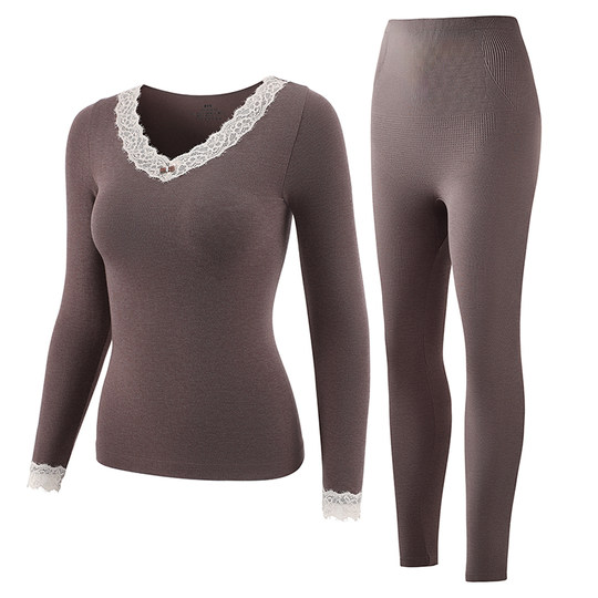 秋衣秋裤女套装蕾丝花边美体修身发热绵羊毛打底无痕保暖内衣冬季