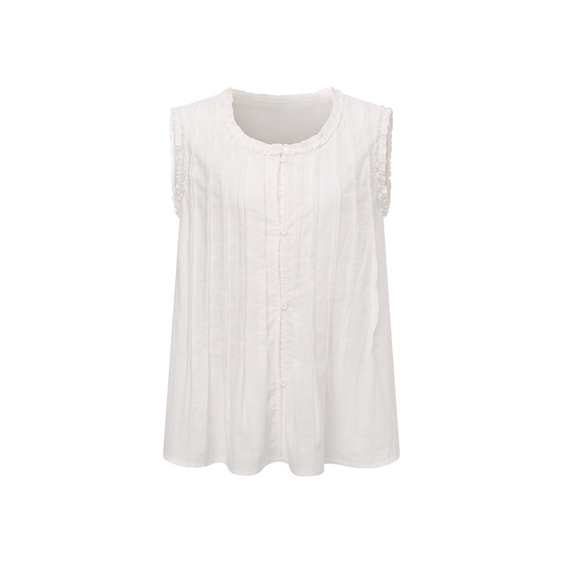 Baijiahao/Basic House เสื้อกั๊กผู้หญิงลายตาราง ผ้าลูกไม้จับจีบ ลดอายุ ดูน่ารัก แขนกุด สไตล์ใหม่ฤดูร้อน