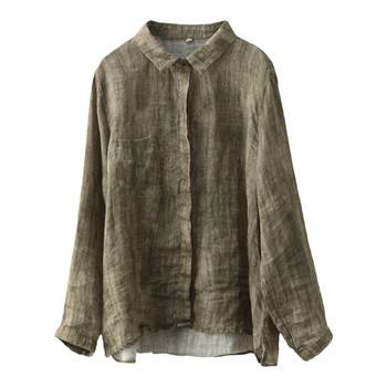 Yuanyuan Meiyi Heavy Industry Fry-dyed ramie shirt women's temperament yarn-dyed custom-dyed shirt lapel long-sleeved top spring style