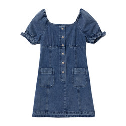 IEWH official 2024 spring and summer new denim short-sleeved dress women's puff sleeve square collar H-shaped short skirt