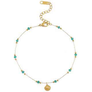 Emerald beads and shell pendant gold-plated anklet