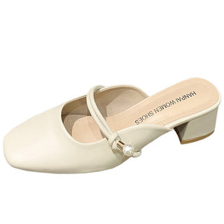 包头半拖鞋女新款2025夏季外穿时尚珍珠方头粗跟高跟懒人穆勒凉拖