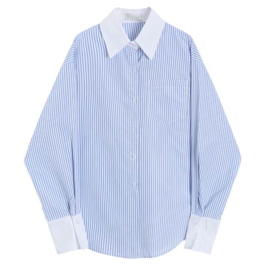 盐系蓝白条纹撞色长袖衬衫女2025春秋设计感小众显瘦百搭宽松上衣