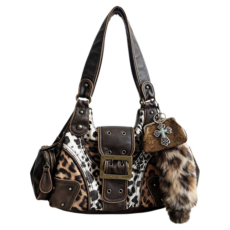 Maillard Leopard Print Retro Shoulder Bag Millennium Y2K Cross Western Hot Girl Shoulder Commuter Crossbody Tote Bag