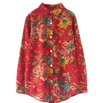 Spring and Autumn New Style Artistic Ethnic Style Northeastern Large Floral Cotton and Linen Loose Long-Sleeved Shirt Top for Women