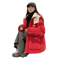 Tangshi 2023 winter new cotton-padded jacket womens popular imitation lamb wool pie overcomes New Years red cotton-padded jacket thickened