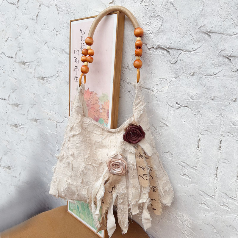 Dried Rose Flower Shoulder Bag for Women, 2025 New Retro Ethnic Style Handbag with New Chinese Tassel Design