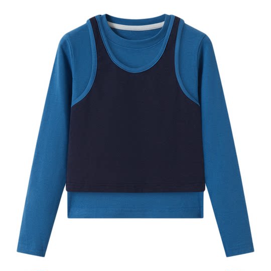 Senbaby children's clothing girls' brushed bottoming shirt two-piece set blue autumn and winter inner top