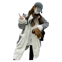 Designed plaid splicing lamb hair down jacket womens mid-length 2023 winter new loose street thick jacket