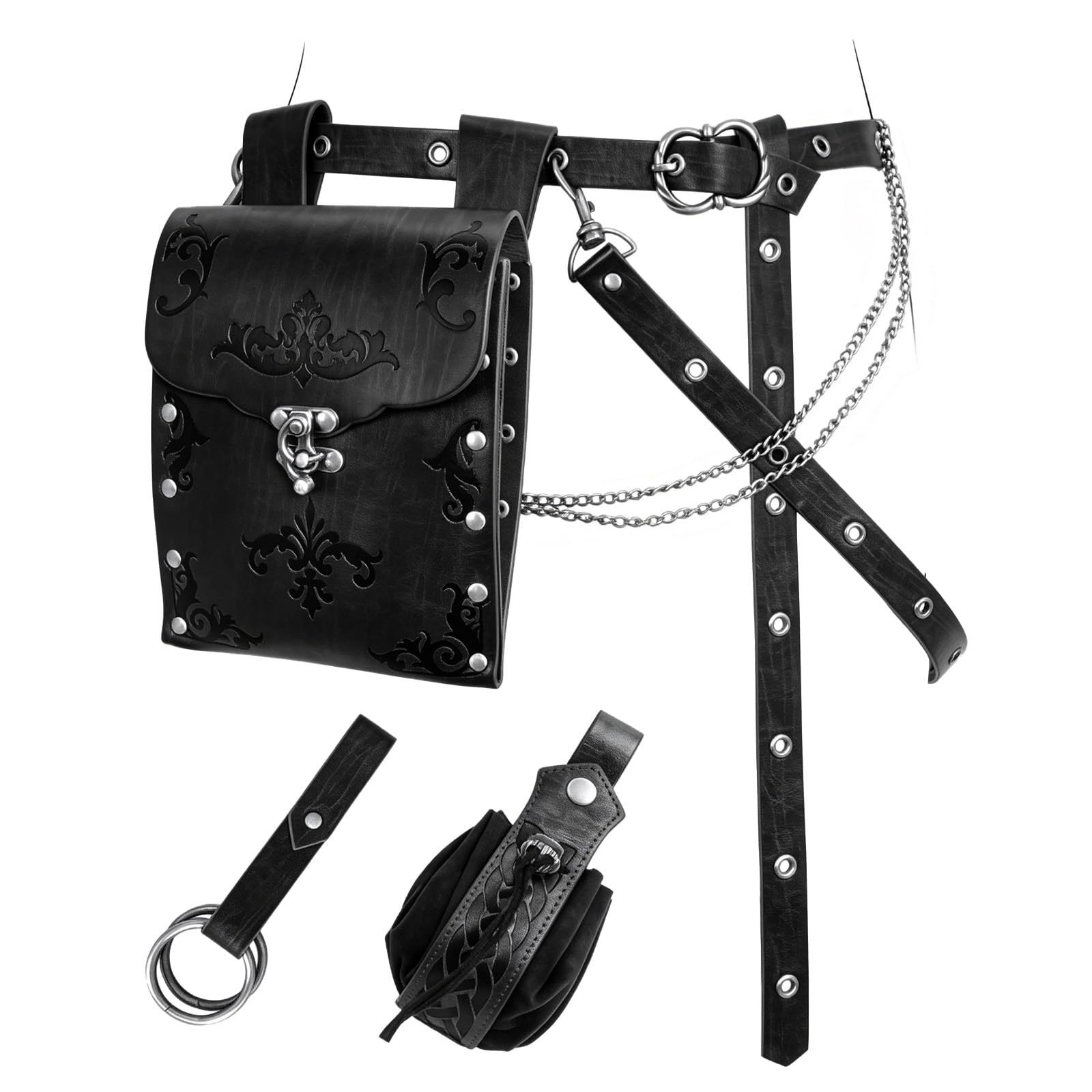 Medieval Viking Retro Cosplay Accessories Knight Belt Leather Bag Large Pouch with Rivets Horizontal Phone Bag