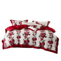 Mercury Home Textiles 60-count long-staple cotton wedding four-piece satin wedding set red printed wedding sheet quilt cover