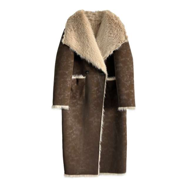 CIZZLEMORE 高级肌理感皮毛一体双面穿大翻领长款大衣外套