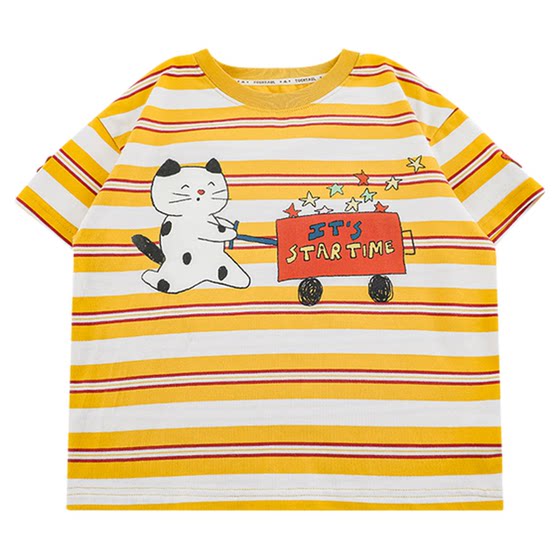
Youyou Boys 2025 summer new kitten yellow and white striped short-sleeved round neck T-shirt cool and breathable children's half-sleeved