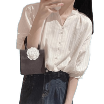 French white cotton and linen shirt for women summer thin linen puff sleeve shirt temperament mid-sleeve quarter-sleeve top