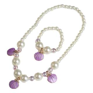 韩版新款儿童公主蝴蝶结耳夹贝壳仿珍珠项链套装女孩粉色项链手链