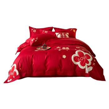 High-end chinese wedding four-piece set festive red embroidered pure cotton quilt cover bed sheet dowry wedding bedding