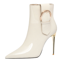 Lily Wei niche white high heel boots womens patent leather white boots temperament side zipper short boots small size 313233