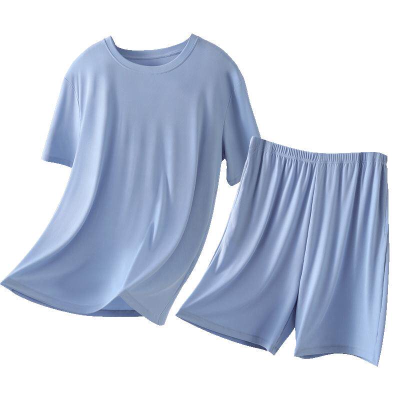Men's ice silk pajamas suit with cool short sleeves and can be worn outside