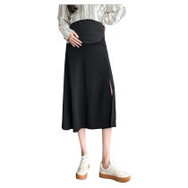 Maternity slit skirt autumn 2024 new outer wear slimming high waist support belly adjustable knitted A-line skirt