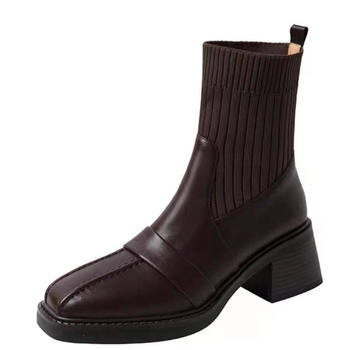 Brand genuine leather knitted thick heel short boots women's socks boots 2025 autumn and winter new high heel elastic slim boots martin boots
