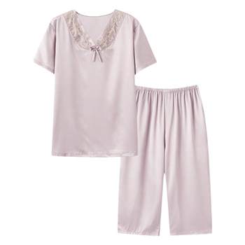 Langsha pajamas ສໍາລັບແມ່ຍິງ summer ice ice silk short-sleeved cropped pants imitation silk summer large size can be worn outside home clothes set