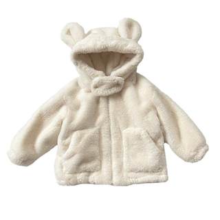 Cute furry coat with hood and thick fleece in winter