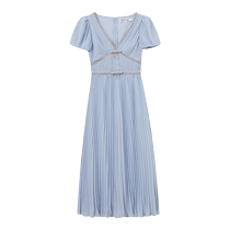 self-portrait 2024 early autumn new misty blue diamond bow short-sleeved chiffon pleated dress