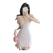 Style Snow Spinning Tandem Dress Summer 2024 New Womens Dress Small Sub Superior Sense Temperament Cashews waist V Collar Skirt