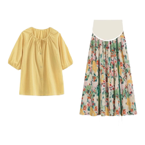 Maternity wear 2024 new autumn French ribbon bow shirt top pleated floral skirt two-piece set