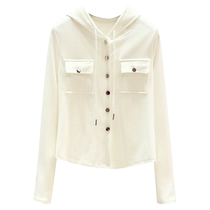 Design sense single row buttoned with cap short necropolis woman long sleeve spring autumn dress foreign air Han version 100 hitch-strip hat-shirt blouse